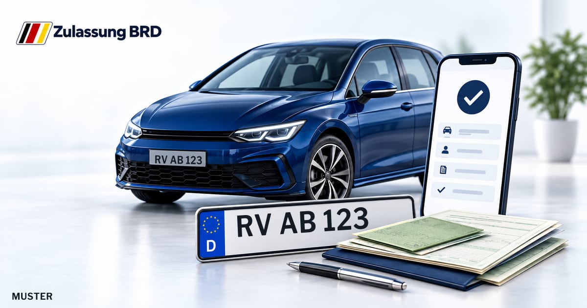 Online Fahrzeugzulassung in Wangen i.Allgäu: Musterkennzeichen RV AB 123, Auto und Fahrzeugpapiere und Smartphone. Illustration mit Logo von Zulassung BRD.
